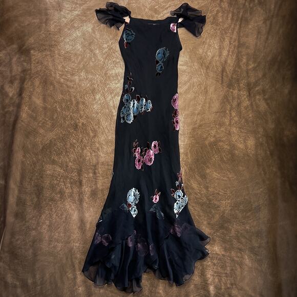 Vintage Y2K Floral Layered Midi Dress Black Velour Mesh Handkerchief Hem Ruffled - Picture 1 of 10